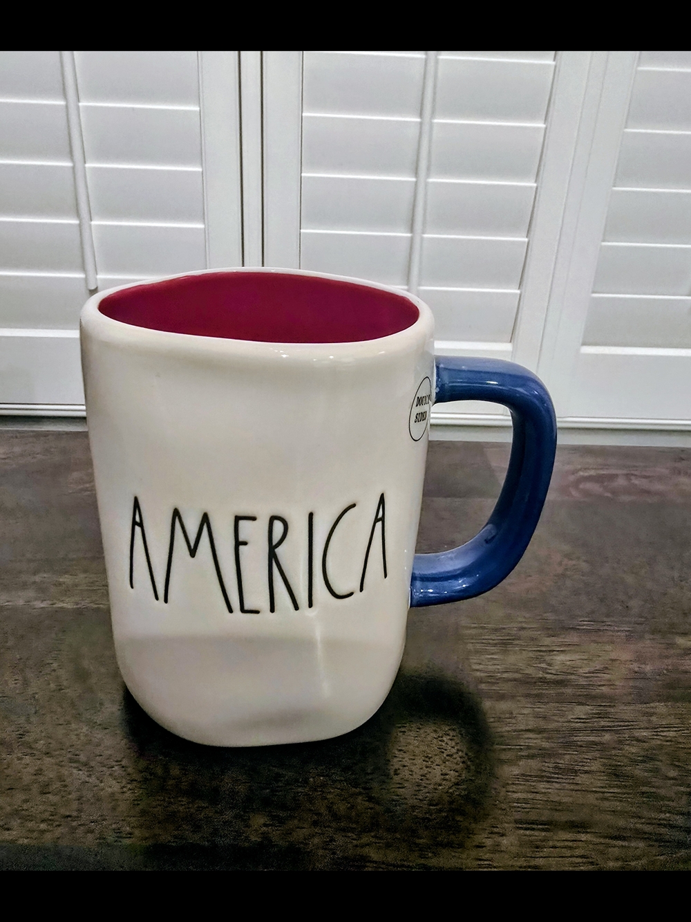 Rae Dunn White Mug with Red Interior and Blue Handle - AMERICA